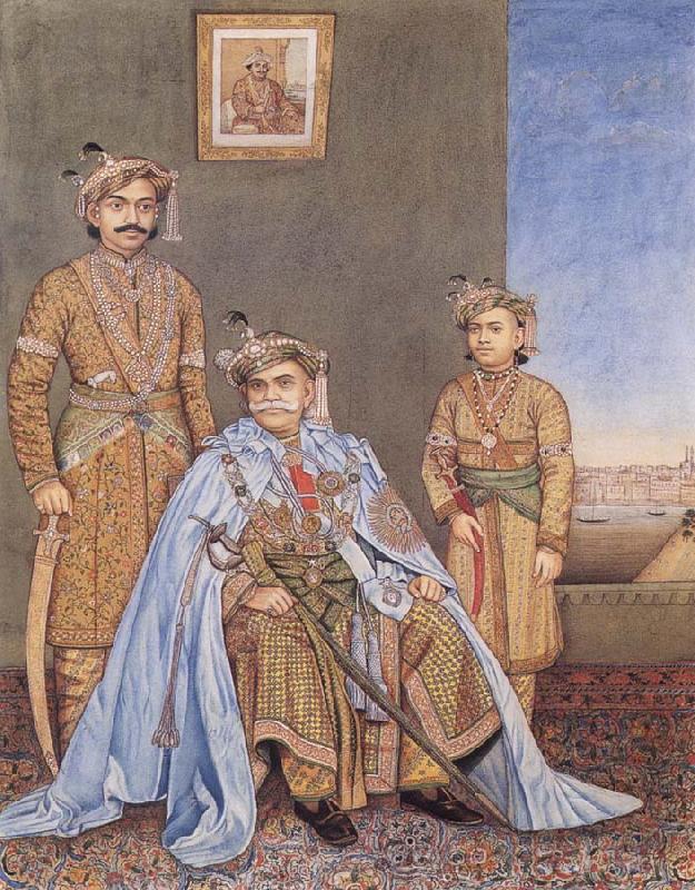 Madho Prasad,Ramnagar His Highness Ishwari Prasad Narayan Singh,Maharaia of Benares Seated,with Prabhu Narayan Singh and Aditya Narayan Singh Standing Behind as well as a p Spain oil painting art